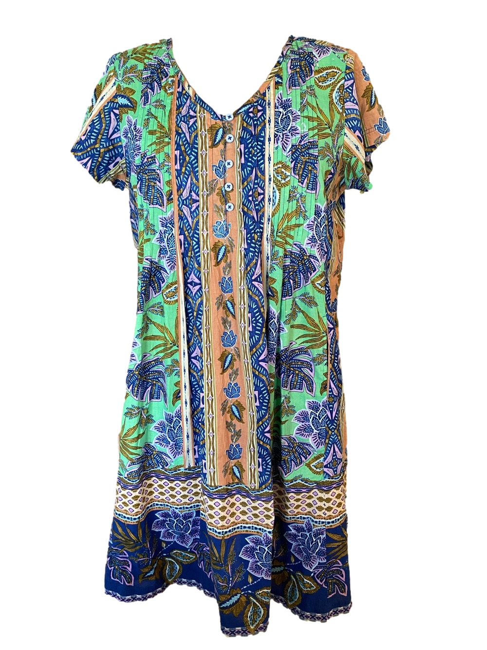 Orientique Boho Floral Patchwork Mini Dress - Green & Blue